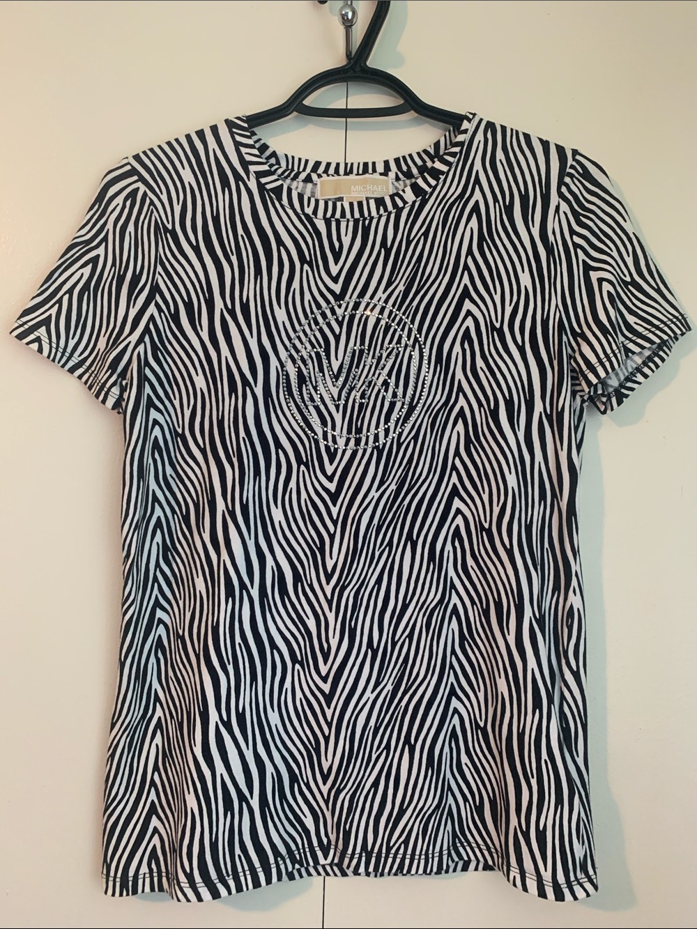 MICHAEL Michael Kors “MK” Silver Embellished Zebra Printed T-Shirt Size Medium